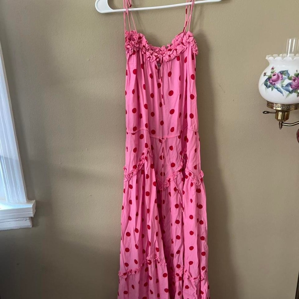 S/W/F Pink Dress‎ Red Polka Dot Ruffle Trimmed Sleeveless Maxi Dress - Picture 2 of 6